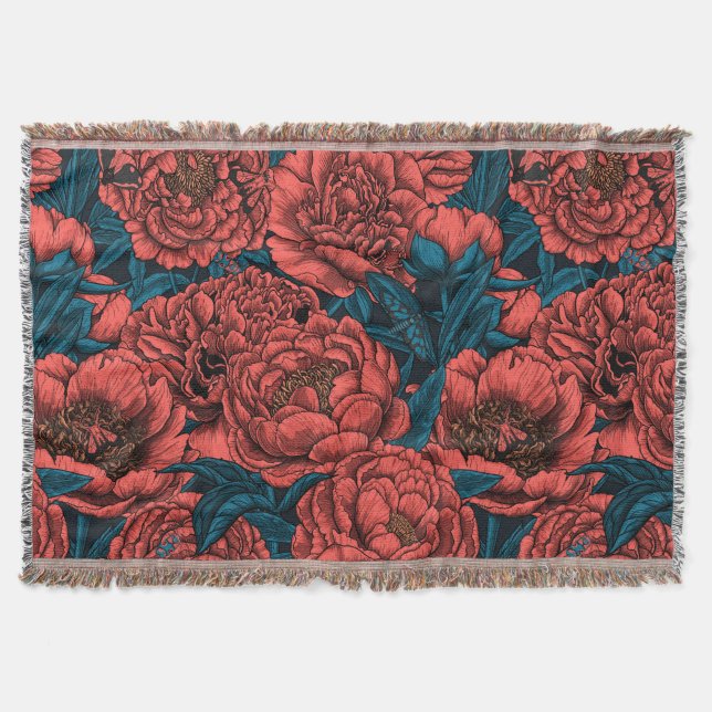 Red peony flowers and moths throw blanket (Front)