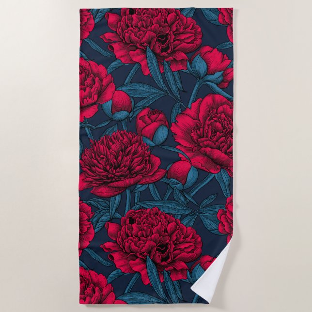 Red peony garden on dark blue beach towel (Front)