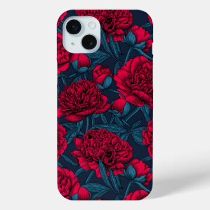 Red peony garden on dark blue iPhone 15 mini case