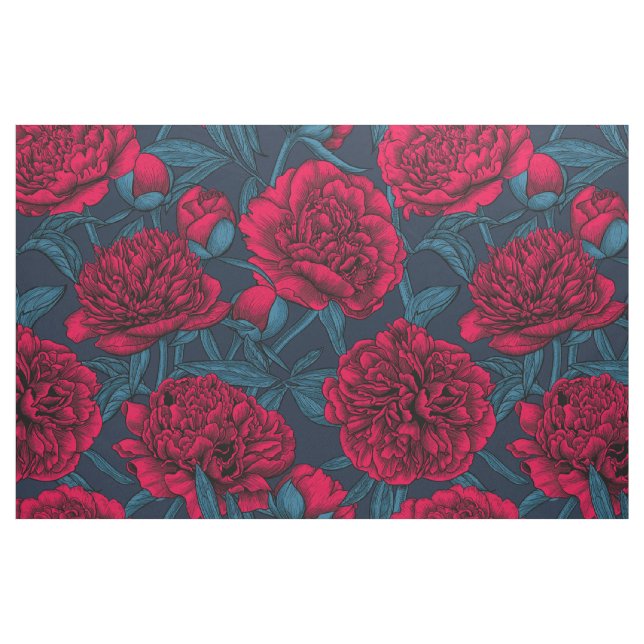 Red peony garden on dark blue fabric (Fat Quarter)
