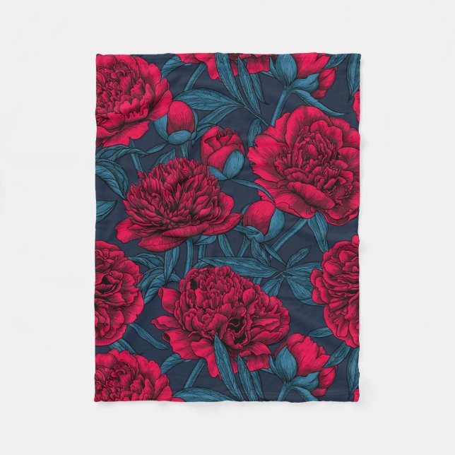 Red peony garden on dark blue fleece blanket (Front)