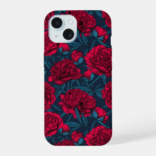 Red peony garden on dark blue iPhone 15 case