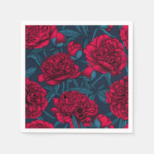 Red peony garden on dark blue napkin
