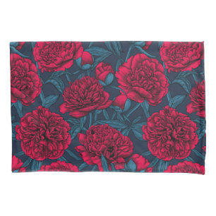 Red peony garden on dark blue pillowcase