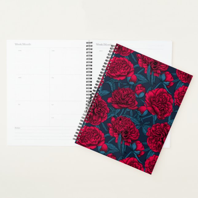Red peony garden on dark blue planner (Display)