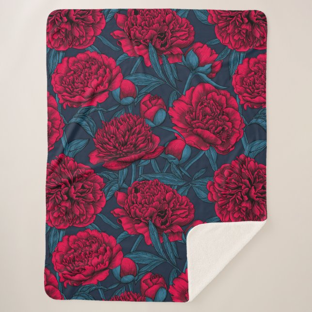 Red peony garden on dark blue sherpa blanket (Front)