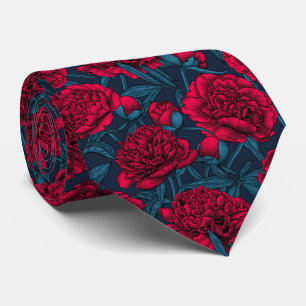 Red peony garden on dark blue tie