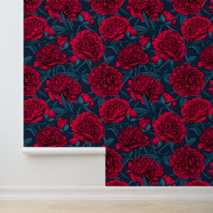 Red peony garden on dark blue wallpaper