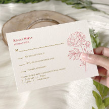 Red Peony Line Drawing Wedding Invitation, 