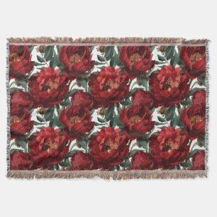Red Peony Painterly Floral Throw Blanket