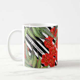 Red Peony Rose Flowers Striped Merry Christmas Mug