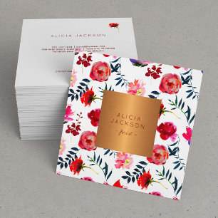 Red peony roses rose gold copper label florist square business card