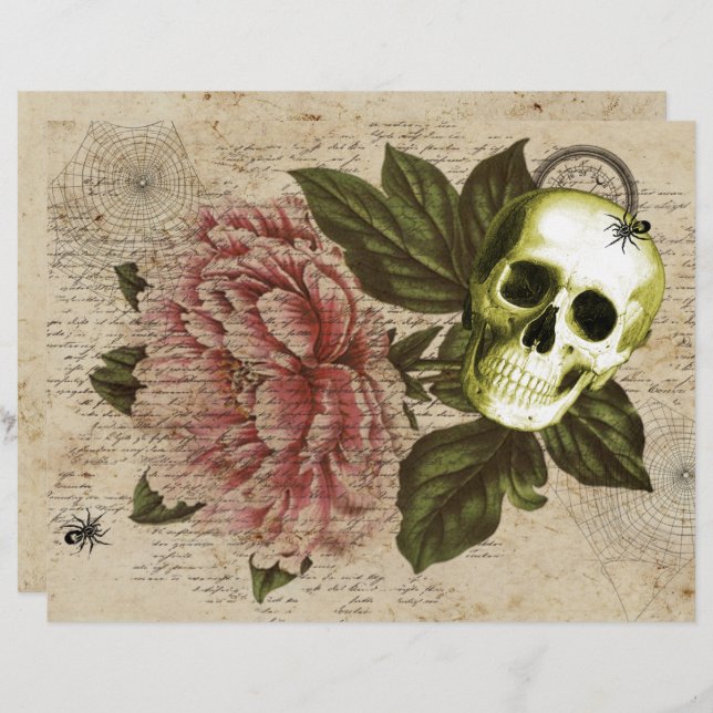 Red Peony Steampunk Skull Ephemera Custom Letterhead (Front/Back)