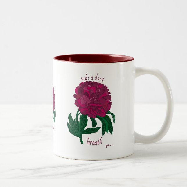 Red Peony Take a Deep Breath Two-Tone Coffee Mug (Right)