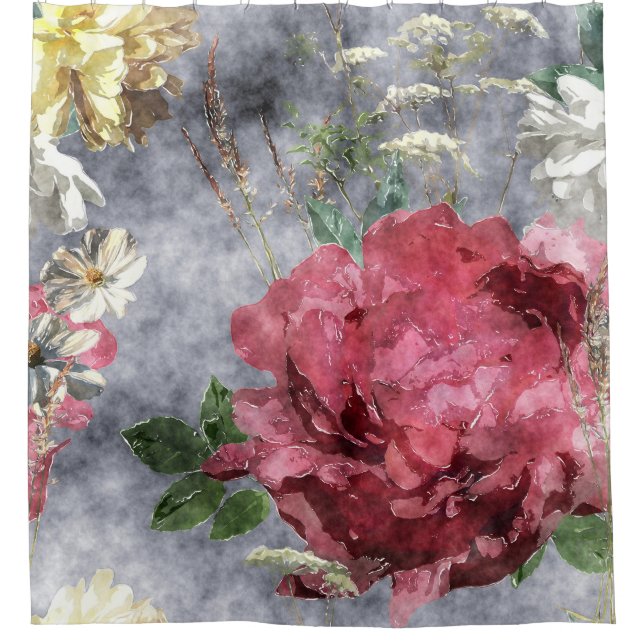 Red Peony Watercolor Floral Pattern Shower Curtain (Front)