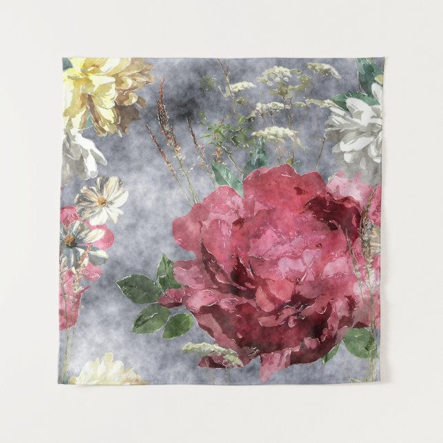 Red Peony Watercolor Floral Pattern Tapestry (Front)