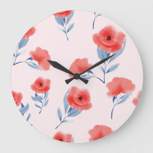 Red Peony Watercolor Seamless Pattern Large Clock