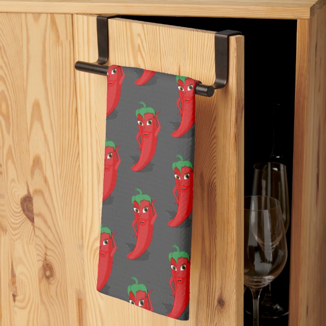 Red Pepper Diva Cartoon Pattern On Grey Tea Towel (Thirds Fold)