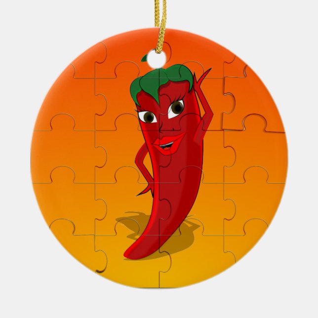 Red Pepper Diva Jigsaw Puzzle Ceramic Tree Decoration (Front)