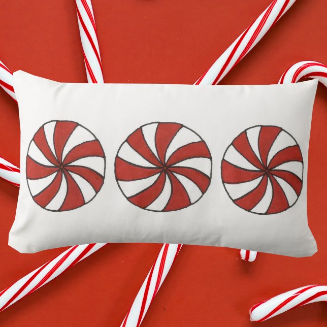 Red Peppermint Mint Candy Christmas Holiday Lumbar Cushion (Christmas peppermints pillow)