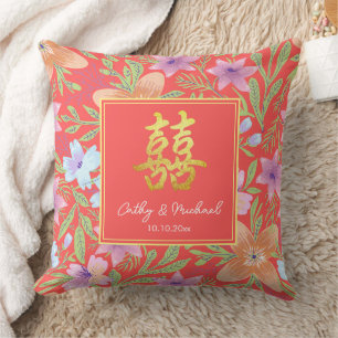 Red Peranakan floral double xi Chinese wedding Cushion