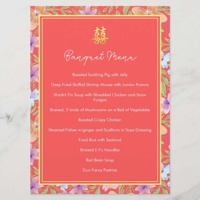 Red Peranakan floral double xi Chinese wedding  Menu (Front)
