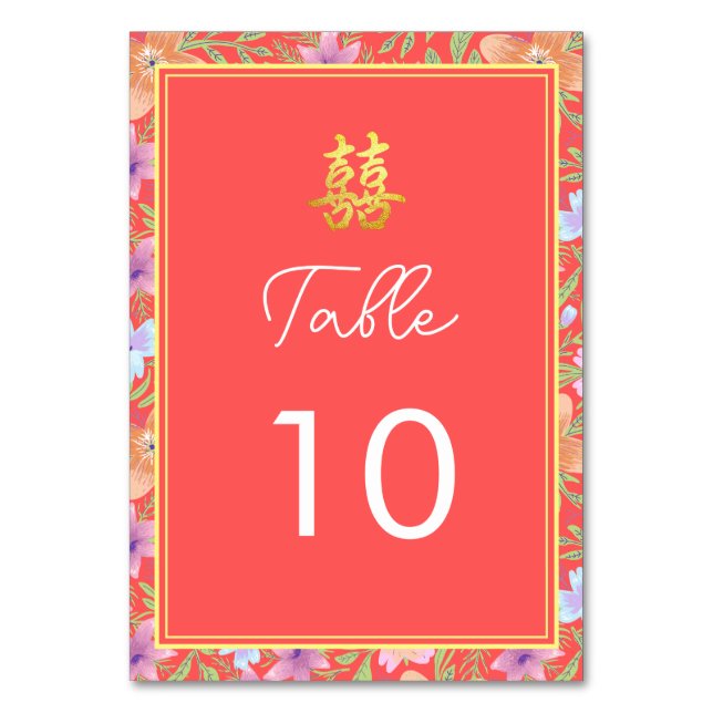 Red Peranakan floral double xi Chinese wedding  Table Number (Front)