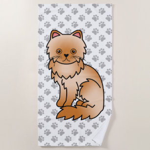 Red Persian Cute Cartoon Cat & Paws Beach Towel
