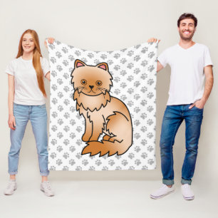 Red Persian Cute Cartoon Cat & Paws Fleece Blanket