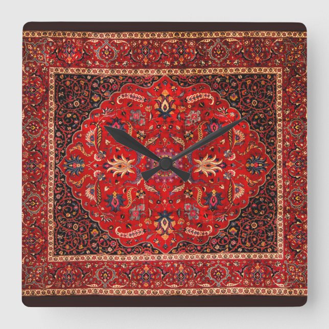 Red Persian Rug from Mashhad Square Wall Clock (Front)