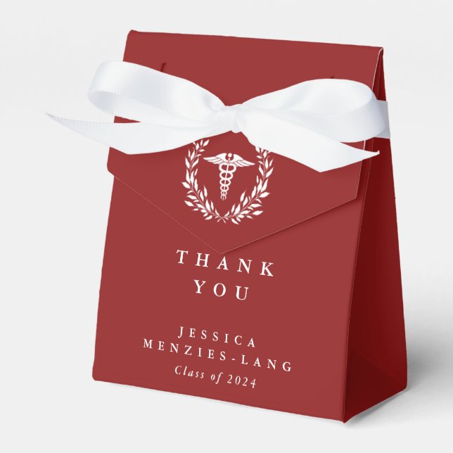 Red Personalised Caduceus+Laurel Wreath Favour Box (Front Side)
