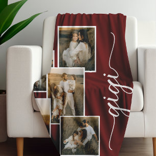 Red Personalised Gigi Grandkid 5 Photo Collage  Fleece Blanket