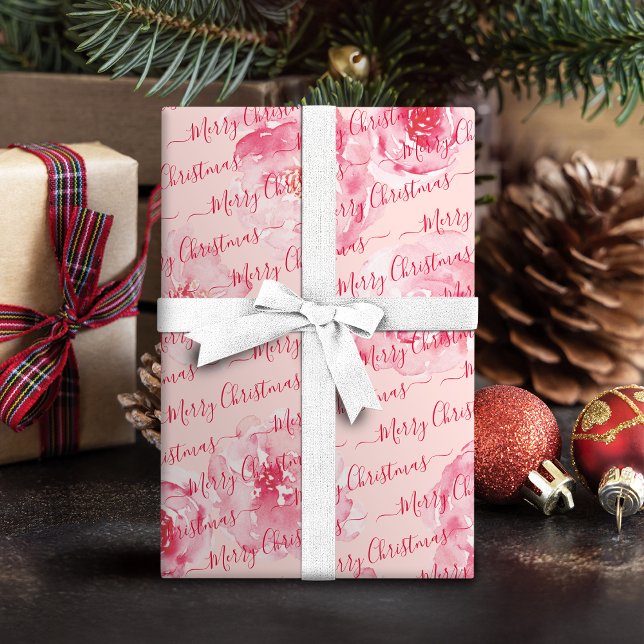 Red Personalised Merry Christmas Script Floral Wra Wrapping Paper (Red Personalized Merry Christmas Script Floral Wra Wrapping Paper)