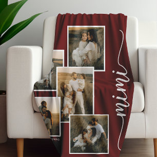 Red Personalised Mimi Grandkid 5 Photo Collage Fleece Blanket