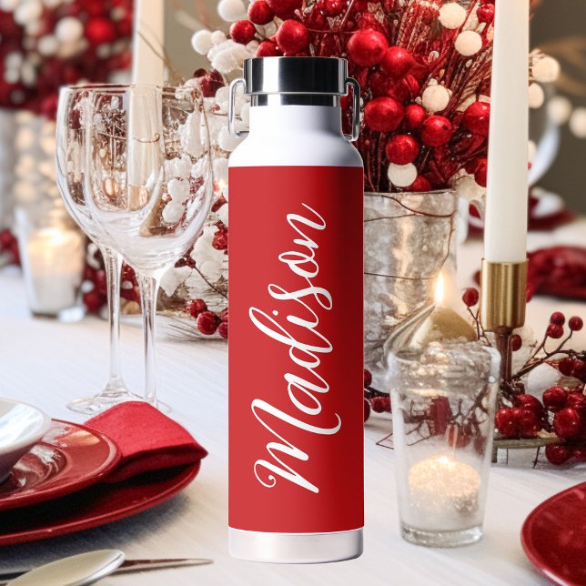 Red Personalised Name in Chic White Script Water Bottle (Creator Uploaded)