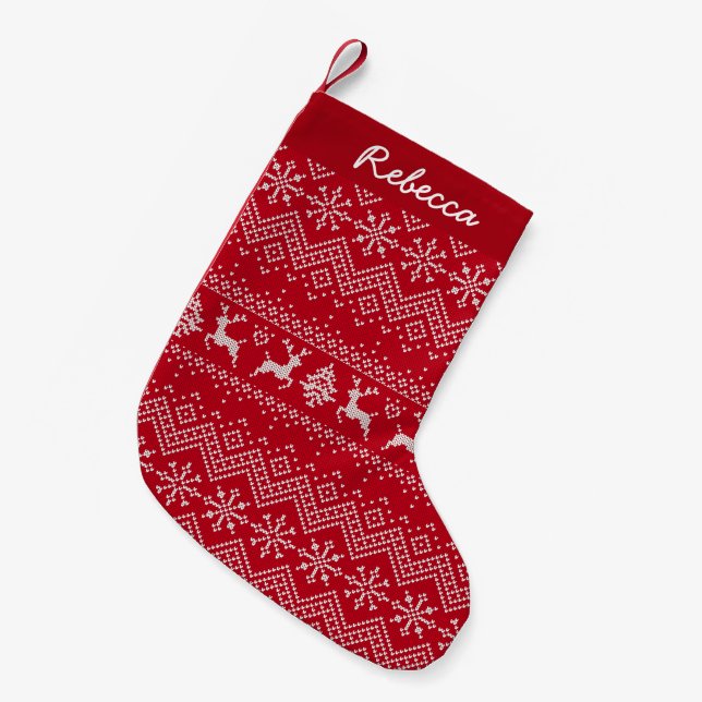 Red personalised Name snowflake And Reindeer Small Christmas Stocking (Front (Hanging))