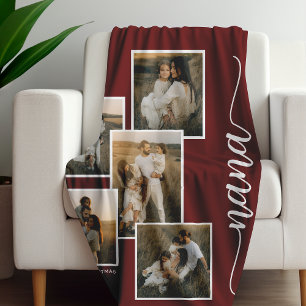 Red Personalised Nana Grandkid 5 Photo Collage Fleece Blanket