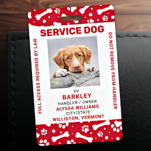 Red Personalised Paw Prints Service Dog Photo ID ID Badge