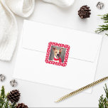 Red Pet Dog Paw Print Pattern Holiday Photo Square Sticker<br><div class="desc">Square holiday photo sticker design for dog lovers features a favourite photo of your pet dog (or cat) with a white paw prints pattern on red frame. Tip: crop your photo to a square format before uploading it to the site.</div>