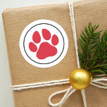 Red Pet Paw Print | Holiday Classic Round Sticker<br><div class="desc">These round holiday stickers / envelope seals feature a red pet paw print design framed in a soft black circle with white background colour.</div>