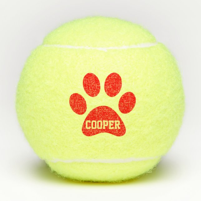 Red Pet Paw Print Personalised Name Toy Tennis Balls (Front)