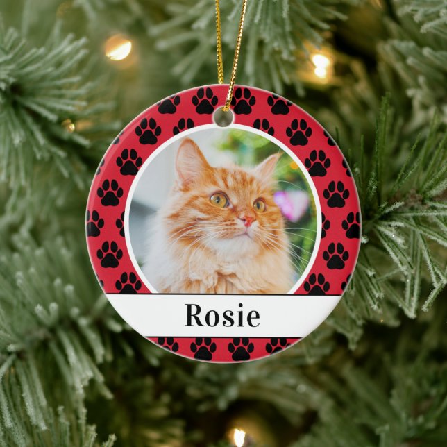 Red Pet Paw Prints Custom Cat Name Photo Ceramic Tree Decoration (Tree)