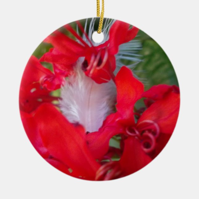 Red Petal Feather Art Print Ceramic Tree Decoration (Front)