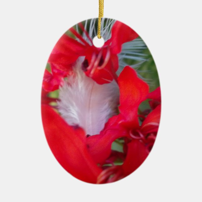 Red Petal Feather Art Print Ceramic Tree Decoration (Front)