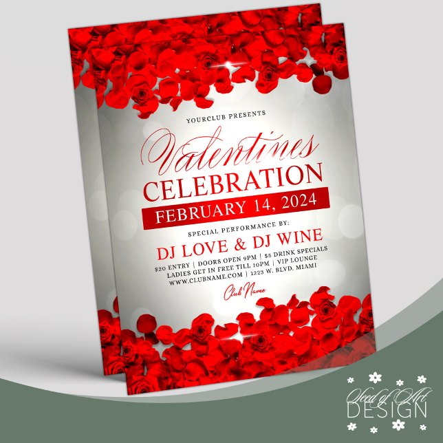Red Petals & Roses Grey Bokeh Valentine's Club Flyer (Creator Uploaded)