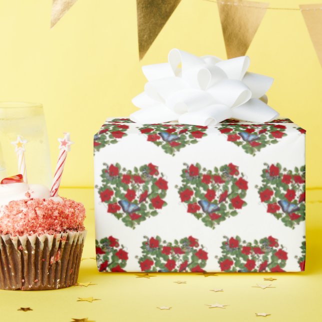Red Petunia Heart With Blue Butterfly Wrapping Paper (Birthday Party)