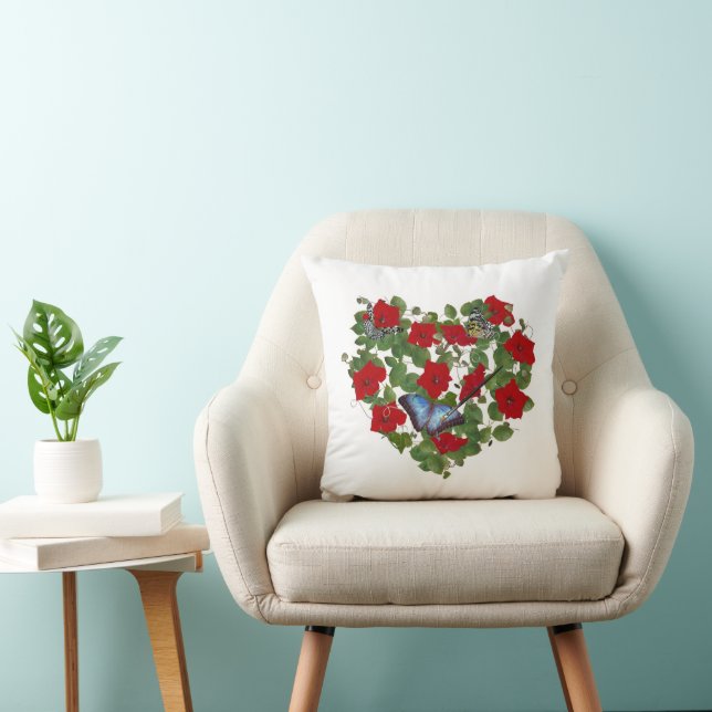Red Petunia Heart With Butterflies Cushion (Chair)