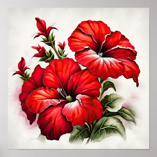 Red Petunias Flower Art Print Poster (Front)