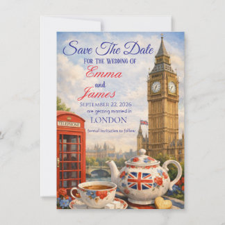 Red Phone Booth, Tea & Love Save The Date Card