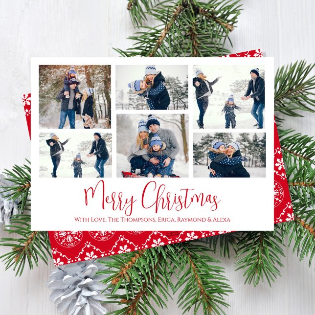 Red Photo Collage Merry Christmas Snowflake Holiday Card (Merry Christmas cute calligraphy script multi photo card with red snowflake pattern. )